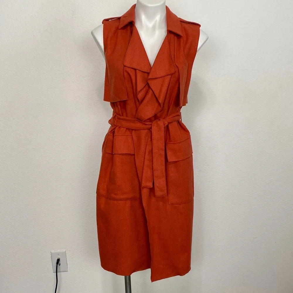 Zara Rust Orange Bohemian Tie Belt Preppy Sleeveless Collared Coat Size S